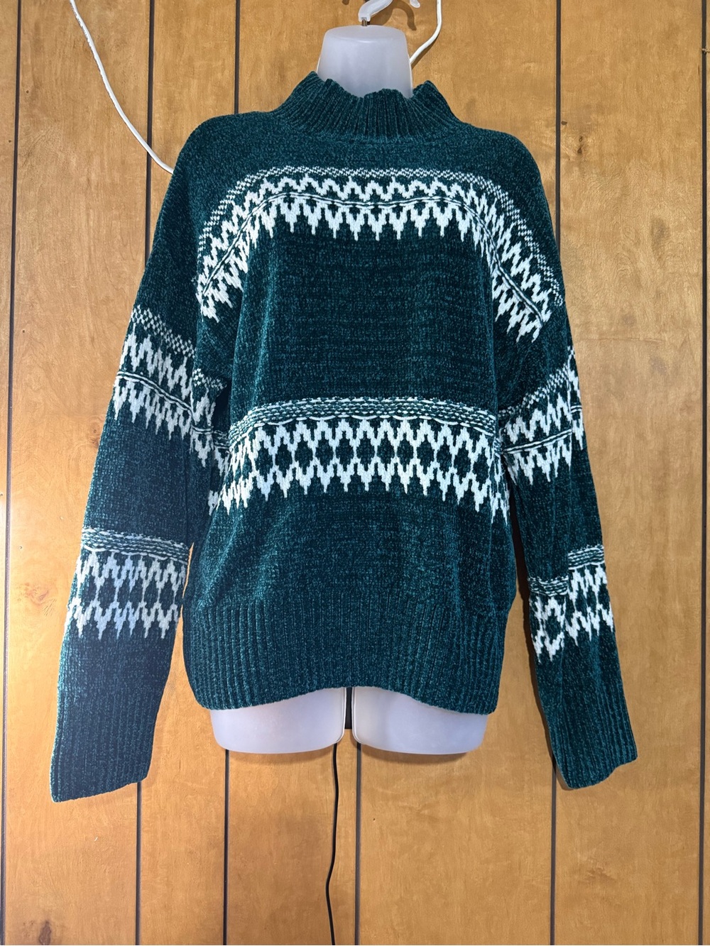 Christian Siriano Forest Green and Ivory Patterned Mock Neck Sweater